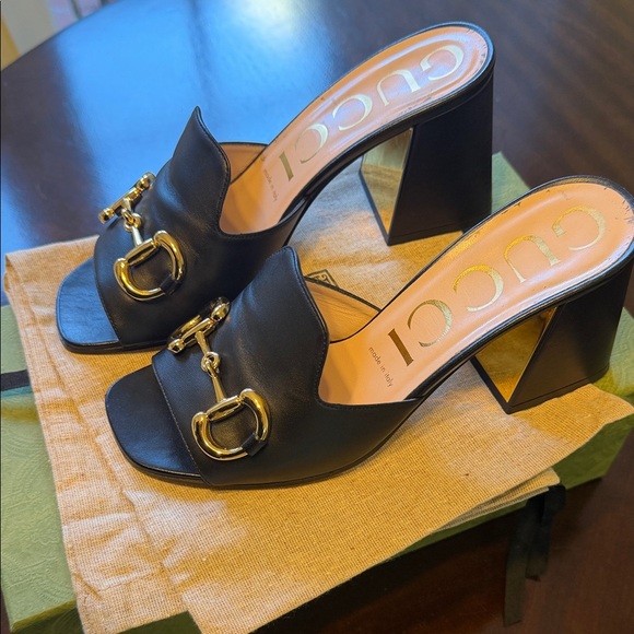 Gucci Black Leather Gold Horsebit Block Heel Mules - Picture 6 of 7